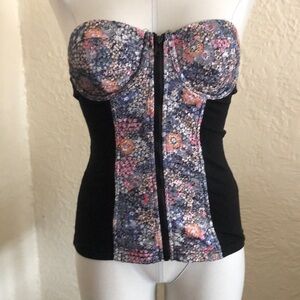 ASOS Pink Blue Floral Lace Black Zipper Front Bustier Corset Bra Top Coquette 6